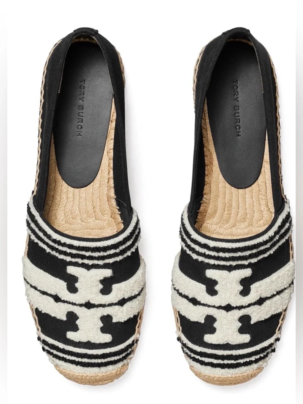 Tory Burch Black and Cream Striped Espadrille Flats with Logo Accent